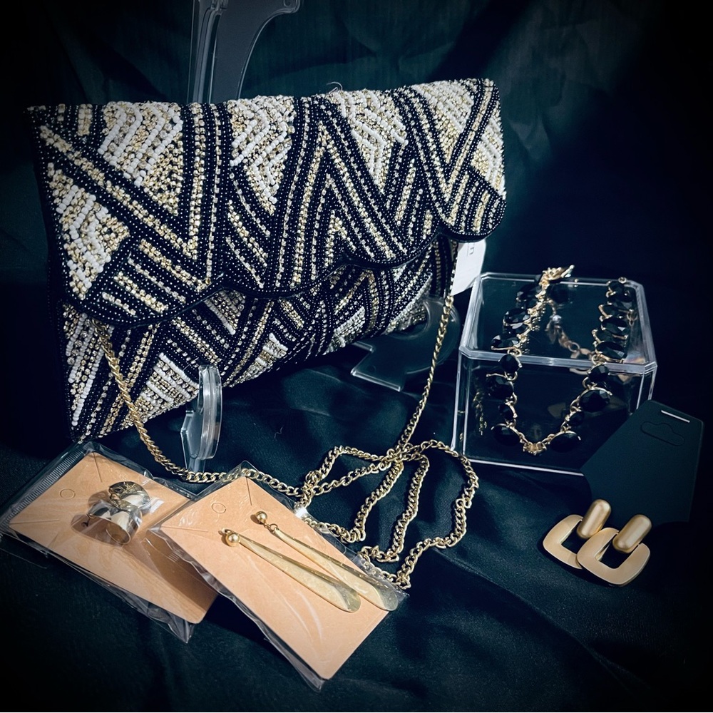 Dress Barn Black and Gold Beaded Clutch NWT BUNDLE with accessories 2 for $22